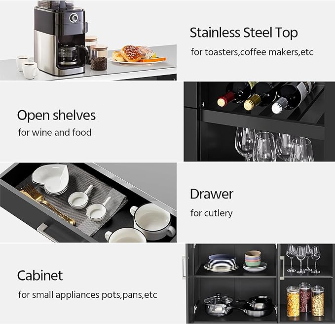 Yaheetech Kitchen Island with Stainless Steel Top and Storage Cabinet, Kitchen Cart on Wheels with Drawer & Open Shelves & Wine Rack & Spice Rack, 18" D x 51" W x 36" H, Black - LeafyLoom