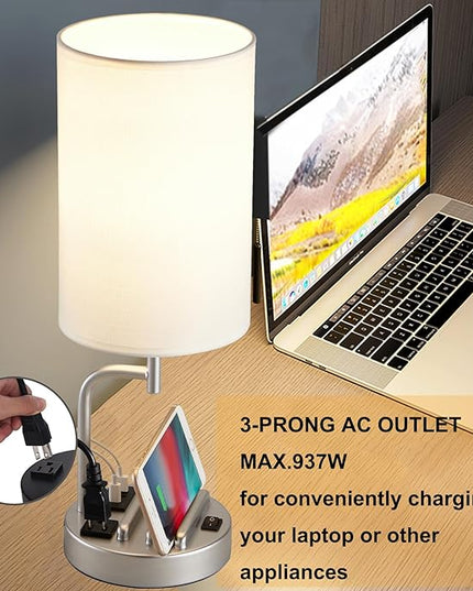 Dreamholder Table Lamp with 3 USB Charging Ports, Modern Desk Lamp with AC Outlet and Phone Stands, Perfect Bedside Lamp for Bedroom, Living Room, Office (Pack of 2), Silver - LeafyLoom