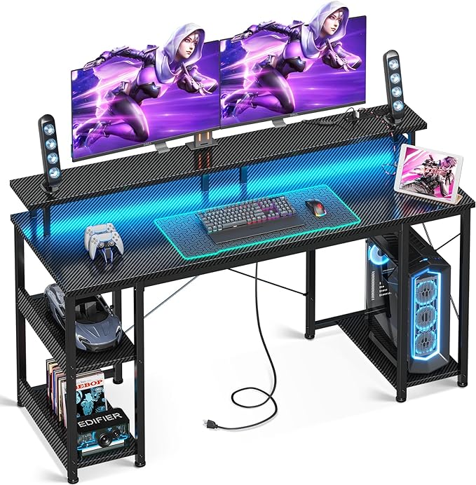 ODK 55 inch Computer Desk with Power Outlets & LED Lights, Gaming Desk with Monitor Stand & Storage Sheves, Home Office Desk, Carbon Fiber Black - LeafyLoom