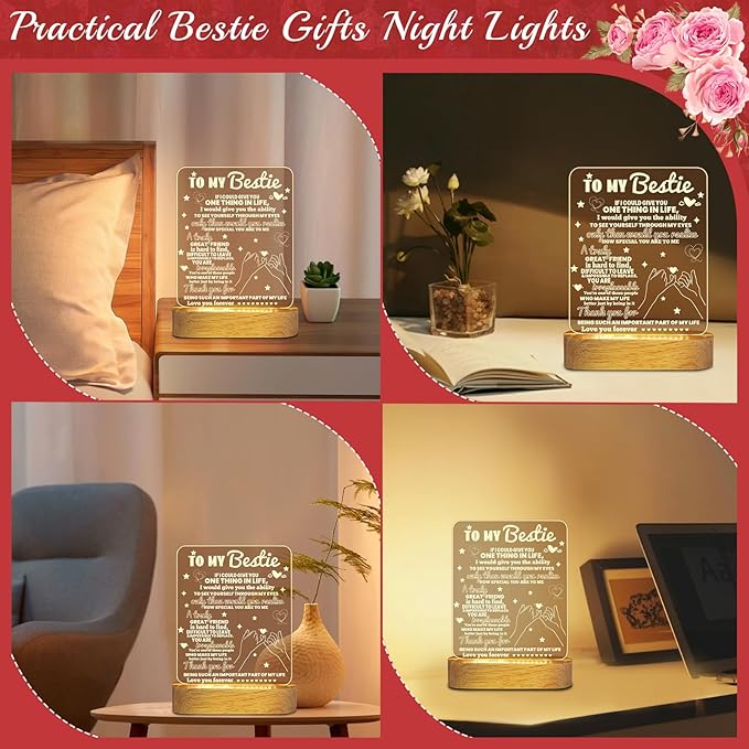 Linkax Bestie Gifts, Birthday Gifts for Women Teen Girls, 3D Illusion Lamp I Love You Friend Night Light for Best Friend Sister Girl Women BFF Holiday Friendship, Soft Warm White LED Wooden Table Lamp - LeafyLoom