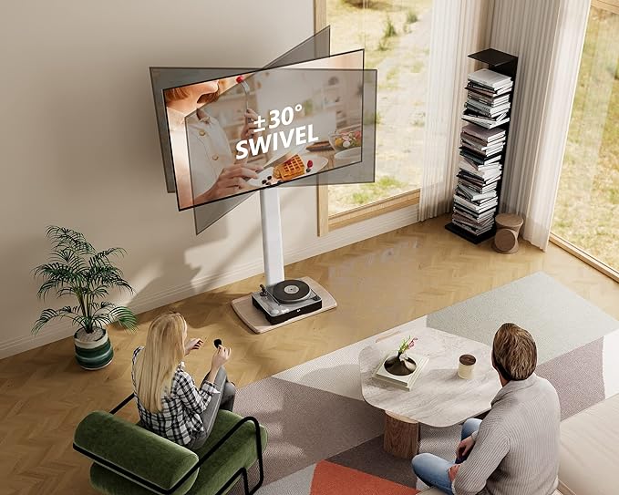 FITUEYES Swivel Floor TV Stand for 32 to 70 Inch TVs Tall Universal TV Stand Mount with Sturdy Wood Base, Space Saving for Corner Bedroom White - LeafyLoom