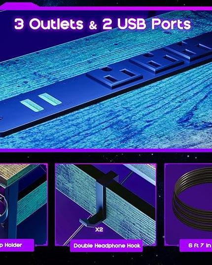 ODK L Shaped Gaming Desk with LED Lights & Power Outlets, 51" Computer Desk with Full Monitor Stand, Corner Desk with Cup Holder, Gaming Table with Hooks, Vintage - LeafyLoom