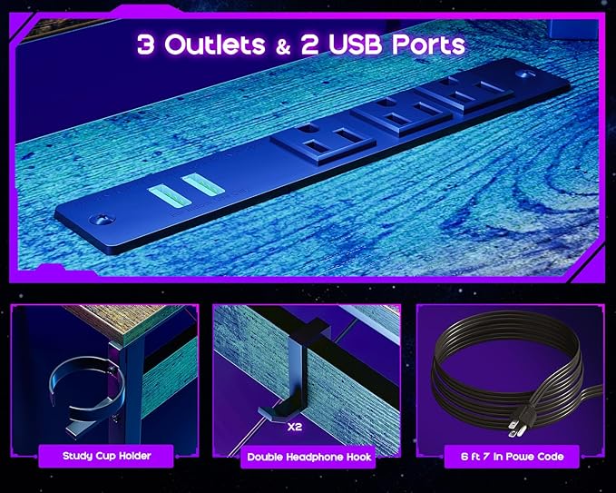 ODK L Shaped Gaming Desk with LED Lights & Power Outlets, 51" Computer Desk with Full Monitor Stand, Corner Desk with Cup Holder, Gaming Table with Hooks, Vintage - LeafyLoom