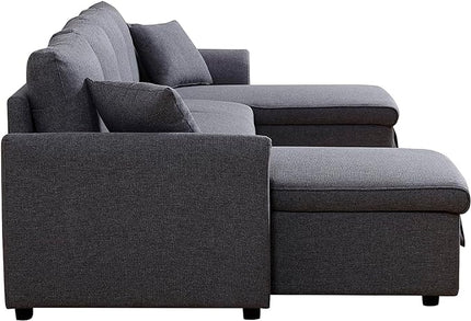 U Shaped Convertible Sectional Sofa with Double Chaise and Pull Out Bed , Fabric Upholstered Reversible Corner Couch Sleeper Sofabed w/ Storage , 5 Seater Sofacama with Throw Pillows for Living Room - LeafyLoom
