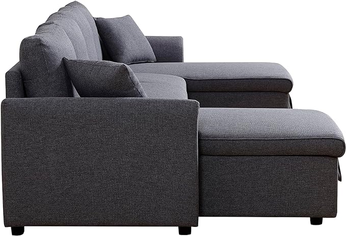 U Shaped Convertible Sectional Sofa with Double Chaise and Pull Out Bed , Fabric Upholstered Reversible Corner Couch Sleeper Sofabed w/ Storage , 5 Seater Sofacama with Throw Pillows for Living Room - LeafyLoom