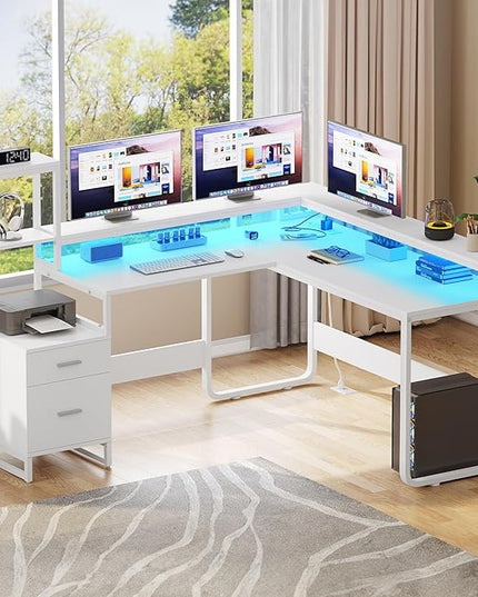 YITAHOME L Shaped Desk with Power Outlets & Hutch, Computer Desk with Drawers & LED Lights, Reversible Corner Office Desk with Printer Stand for Home Office, White - LeafyLoom