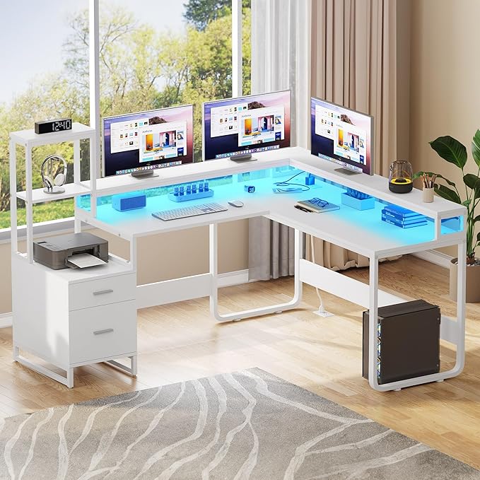 YITAHOME L Shaped Desk with Power Outlets & Hutch, Computer Desk with Drawers & LED Lights, Reversible Corner Office Desk with Printer Stand for Home Office, White - LeafyLoom