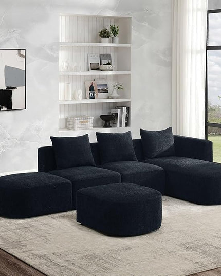 113" L-Shape Sectional Side Chaise and Ottoman, Modular Sofa, DIY Combination, Loop Yarn Fabric for Living Room, Apartment, 113inch, Black Right - LeafyLoom