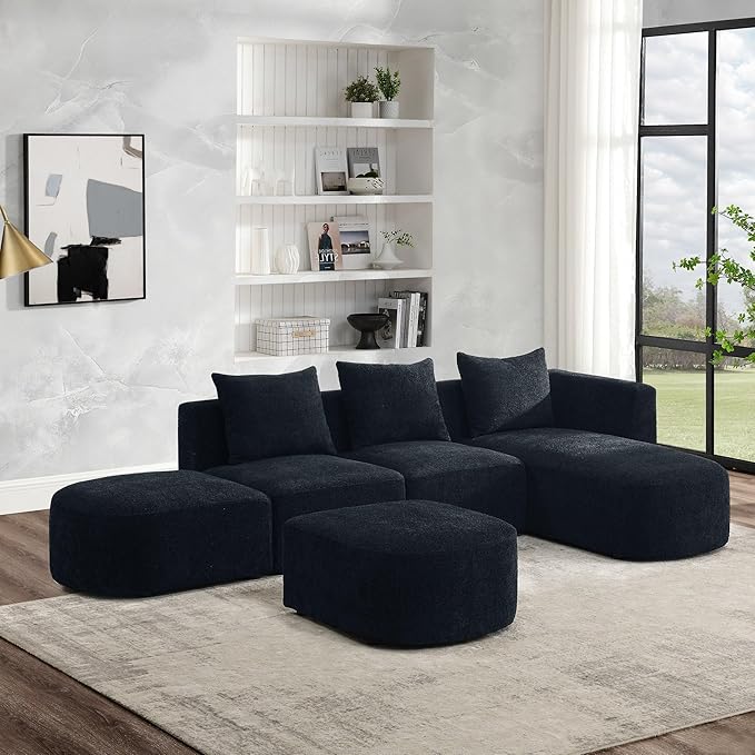 113" L-Shape Sectional Side Chaise and Ottoman, Modular Sofa, DIY Combination, Loop Yarn Fabric for Living Room, Apartment, 113inch, Black Right - LeafyLoom