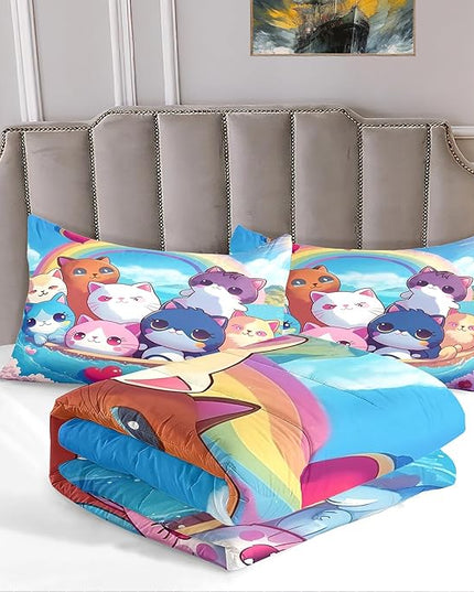 Cat Bedding Set Queen Size - Cute Girls Bedding Cat Comforter Set for Kids Teens Girls Cartoon Animal Print Cat Quilt Soft Breathable Kid Comforter Set, 1 Comforter 2 Pillowcase - LeafyLoom