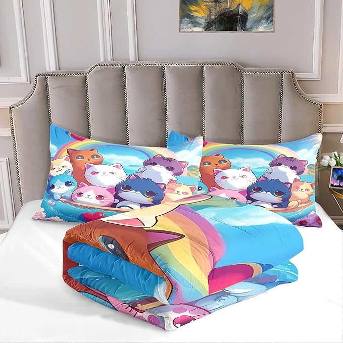 Cat Bedding Set Queen Size - Cute Girls Bedding Cat Comforter Set for Kids Teens Girls Cartoon Animal Print Cat Quilt Soft Breathable Kid Comforter Set, 1 Comforter 2 Pillowcase - LeafyLoom