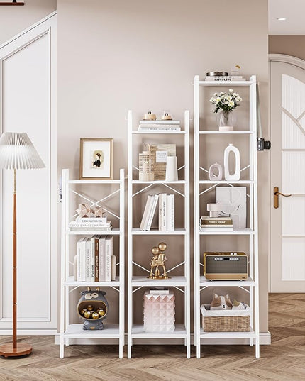 Ladder Shelf, Bookshelf Bookcase, Freestanding Corner Storage Shelve with 2 Hooks for Home Office, Living Room, Kitchen, Bedroom, Industrial, 6-Tier White BC13313W - LeafyLoom