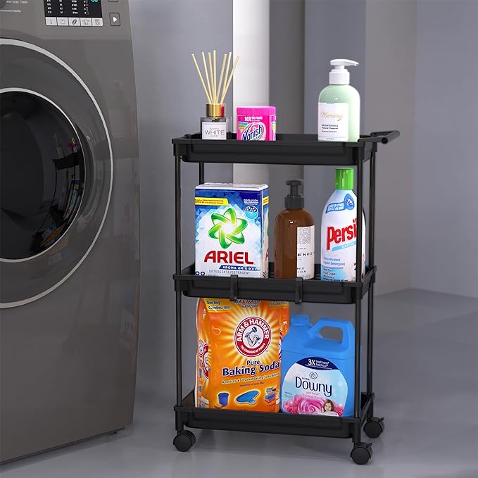 SimpleHouseware Standard 3-Tier Slim Rolling Storage Cart, Black - LeafyLoom