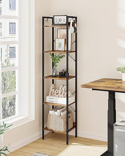 Bookshelf, Book Shelf, Industrial Bookcase with 2 Hooks, Coner Shelf Storage Organizer for Home Office, Living Room, Bedroom, Kitchen, 5-Tier Rustic Brown BC10501B - LeafyLoom