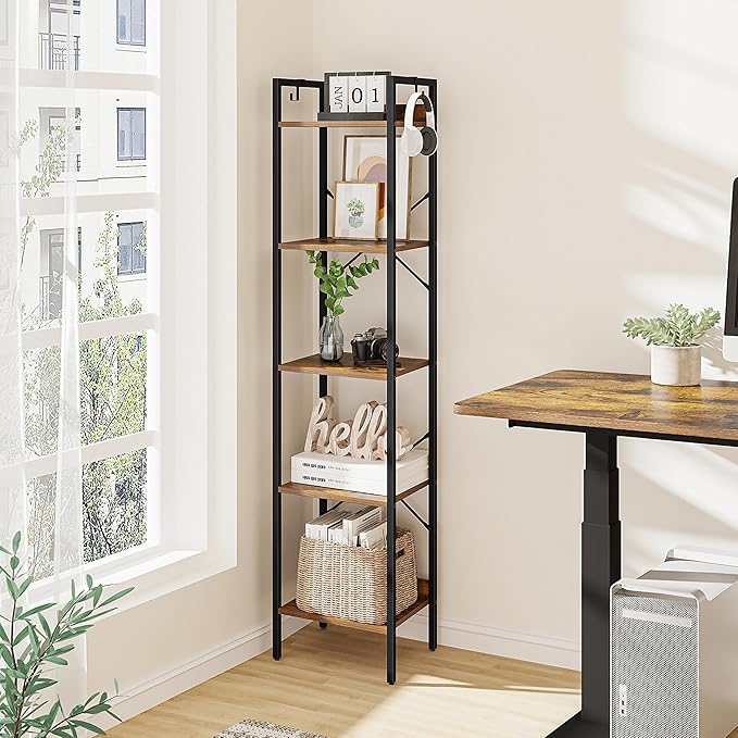 Bookshelf, Book Shelf, Industrial Bookcase with 2 Hooks, Coner Shelf Storage Organizer for Home Office, Living Room, Bedroom, Kitchen, 5-Tier Rustic Brown BC10501B - LeafyLoom