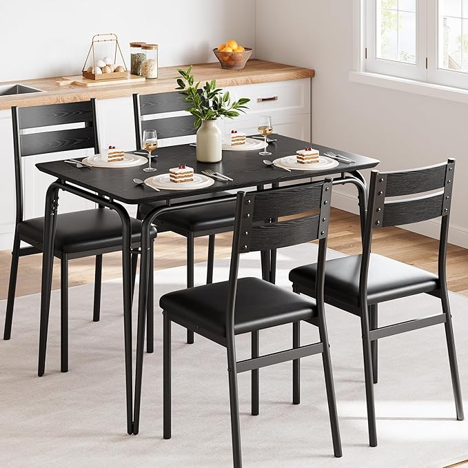 Dining Table for 4, Small Table and Chairs Set of 4, Square Dinette Set for 4, Dinner Table Set, 3 Piece Kitchen & Dining Room Sets for Small Space, Apartment (Black, Dining Table with 4 Chairs) - LeafyLoom