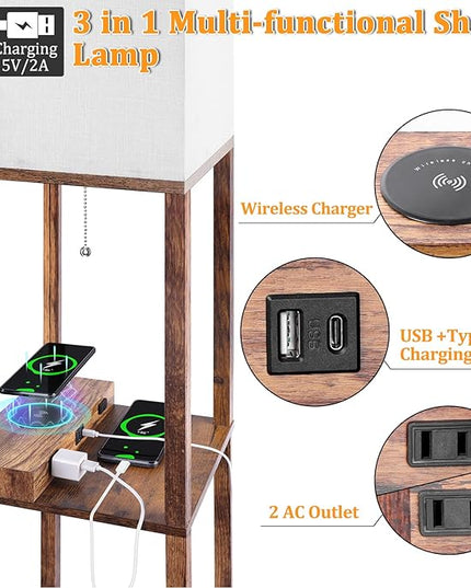 Dott Arts Floor Lamp with Shelves, Shelf Lamp with Wireless Charger & USB A+C Ports & 2 AC Outlets,3 Color Temperature Corner Tall Standing Floor Lamps for Living Room, Bedroom, Office (Brown) - LeafyLoom