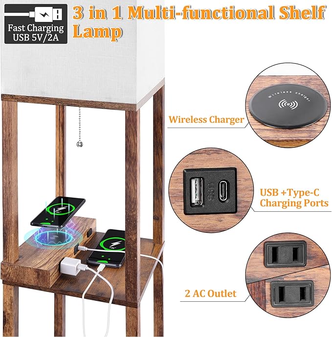Dott Arts Floor Lamp with Shelves, Shelf Lamp with Wireless Charger & USB A+C Ports & 2 AC Outlets,3 Color Temperature Corner Tall Standing Floor Lamps for Living Room, Bedroom, Office (Brown) - LeafyLoom