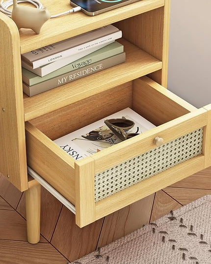 Fixwal Boho Nightstand, Rattan Nightstand with Charging Station, Storage Table with Drawers and Solid Wood Legs for Bedroom, Dormitory - LeafyLoom