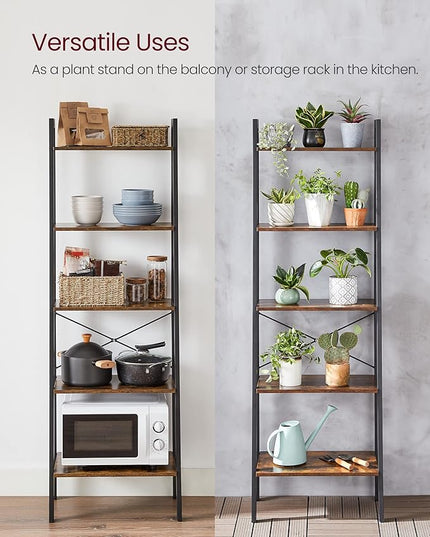 VASAGLE Ladder Shelf, 5-Tier Bookshelf, Storage Rack, Bookcase with Steel Frame, Wood Look Accent Furniture with Metal Frame, 22.1 x 13.3 x 67.7 Inches, Rustic Brown ULLS45X - LeafyLoom