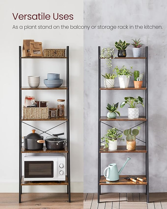 VASAGLE Ladder Shelf, 5-Tier Bookshelf, Storage Rack, Bookcase with Steel Frame, Wood Look Accent Furniture with Metal Frame, 22.1 x 13.3 x 67.7 Inches, Rustic Brown ULLS45X - LeafyLoom