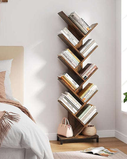 10 Shelf Tree Bookshelf, Floor Standing Wood Bookshelf for Books/Magazine/CDs/Movies, Modern Storage Rack Tree Bookcase, Utility Organizer Shelves for Narrow Space Home Office, Rustic Brown - LeafyLoom