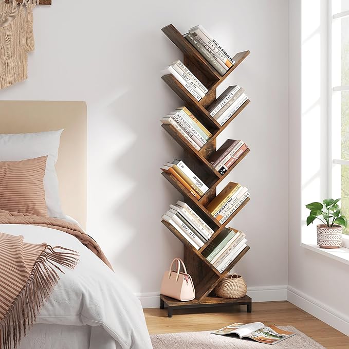 10 Shelf Tree Bookshelf, Floor Standing Wood Bookshelf for Books/Magazine/CDs/Movies, Modern Storage Rack Tree Bookcase, Utility Organizer Shelves for Narrow Space Home Office, Rustic Brown - LeafyLoom
