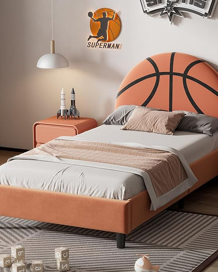 Basketball Design Twin Bed Frame for Kids,Sports Theme Upholstered Platform Bed with Headboard,Velvet Twin Size Bed Frame for Boys & Girls,Teens,Orange - LeafyLoom