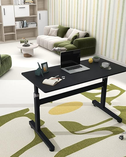 Manual Standing Desk Adjustable Height- Crank Mobile Standing Desk 55 x 24 Inches Sit Stand Desk Frame & Top, Stand Up Desk on Wheels, Computer Desk Black Frame & Black - LeafyLoom
