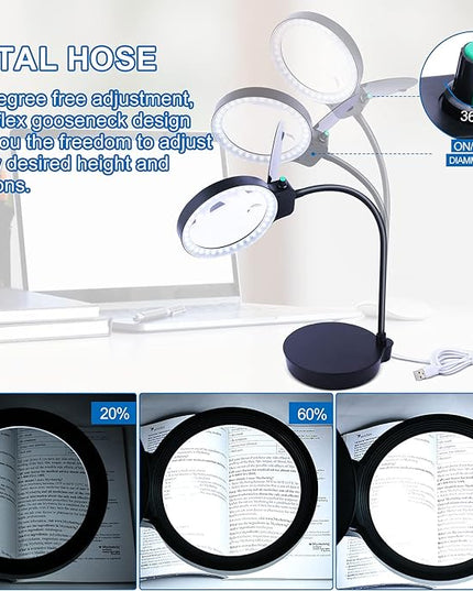 Magnifying Glass with Light and Stand, 10X 20X Magnifying Desk Lamp with Brightness Stepless Dimmable, Adjustable Gooseneck for Reading, Close Work, Hobbies - LeafyLoom