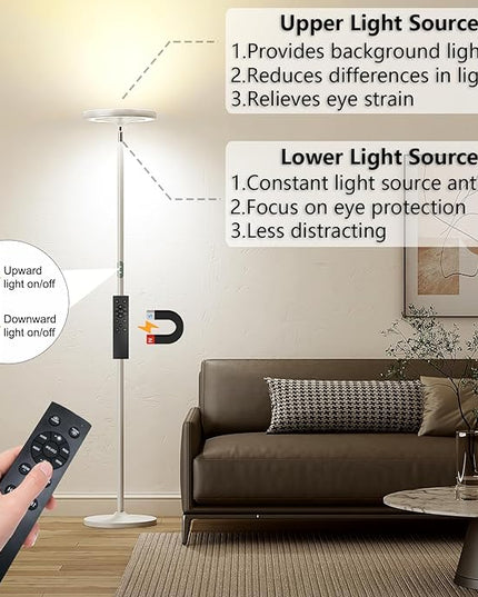 Keepsmile Double Side Lighting White Led Floor Lamp with Remote Smart App 36W 2600LM Bright Tall Standing RGB Angle Multicolor Dimmable Modern Floor Lamps for Living Room Bedroom Office - LeafyLoom