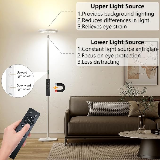 Keepsmile Double Side Lighting White Led Floor Lamp with Remote Smart App 36W 2600LM Bright Tall Standing RGB Angle Multicolor Dimmable Modern Floor Lamps for Living Room Bedroom Office - LeafyLoom