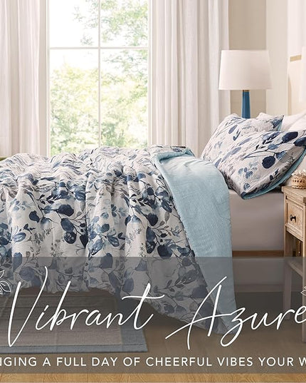 Codi Floral Queen Comforter Set for Womens, Spring Lavender Bedding Sets with Soft Seersucker 3pcs - 1 Flower Comforters and 2 Pillows Case, Blue - LeafyLoom