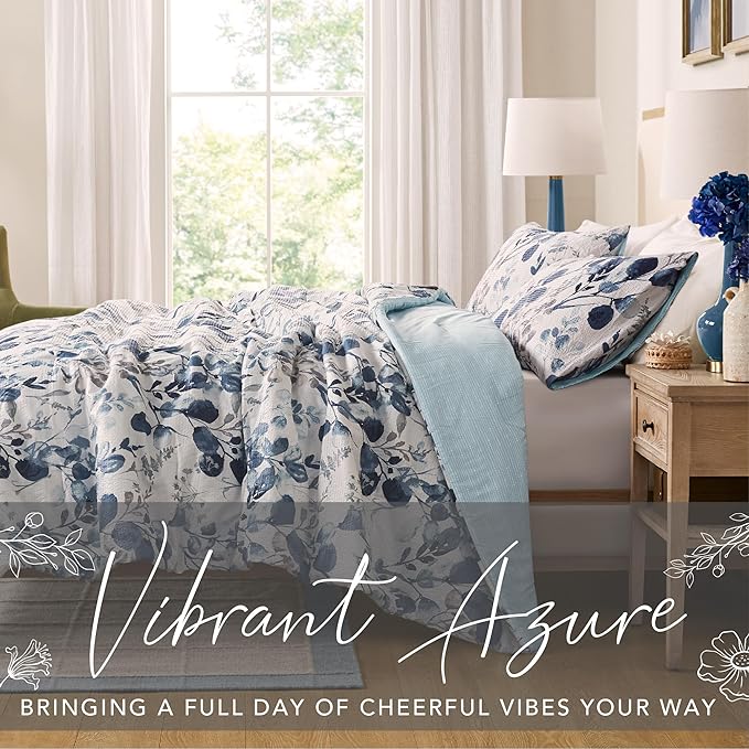 Codi Floral Queen Comforter Set for Womens, Spring Lavender Bedding Sets with Soft Seersucker 3pcs - 1 Flower Comforters and 2 Pillows Case, Blue - LeafyLoom