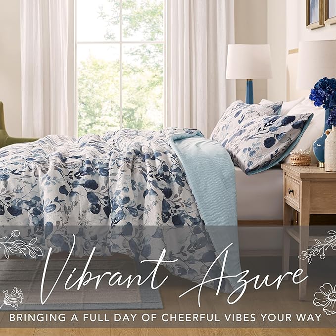 Codi Floral Queen Comforter Set for Womens, Spring Lavender Bedding Sets with Soft Seersucker 3pcs - 1 Flower Comforters and 2 Pillows Case, Blue - LeafyLoom