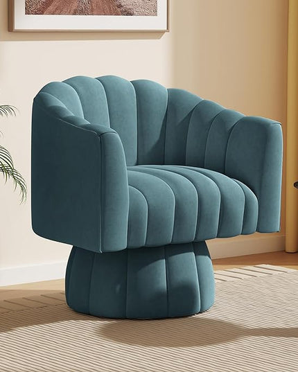 Accent Chair Mid Century 360 Degree Swivel Chair,Modern Lounge Sofa Round Barrel Chair with Wide Upholstered,Fluffy Velvet Fabric Chairs for Home Sofa Living Room/Bedroom/Waiting Room (Blue) - LeafyLoom