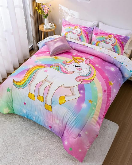 Aimuan Girls Unicorn Comforter Set 6 Pieces Pink Purple Bedding Set with Rainbow Star Galaxy Stars Fantasy Children Room Decor Soft Reversible Bed Sets for Boys/Girls/Teens (Rainbow Full6Pcs) - LeafyLoom