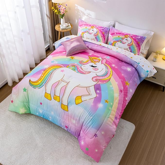 Aimuan Girls Unicorn Comforter Set 6 Pieces Pink Purple Bedding Set with Rainbow Star Galaxy Stars Fantasy Children Room Decor Soft Reversible Bed Sets for Boys/Girls/Teens (Rainbow Full6Pcs) - LeafyLoom