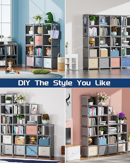 Mavivegue Book Shelf, 20 Cube Storage Organizer, DIY Bookcase, Metal Cube Bookshelf,Tall Book case for Bedroom, Living Room,Office,Closet Storage Organizer, Grey Cubicle Storage Rack - LeafyLoom