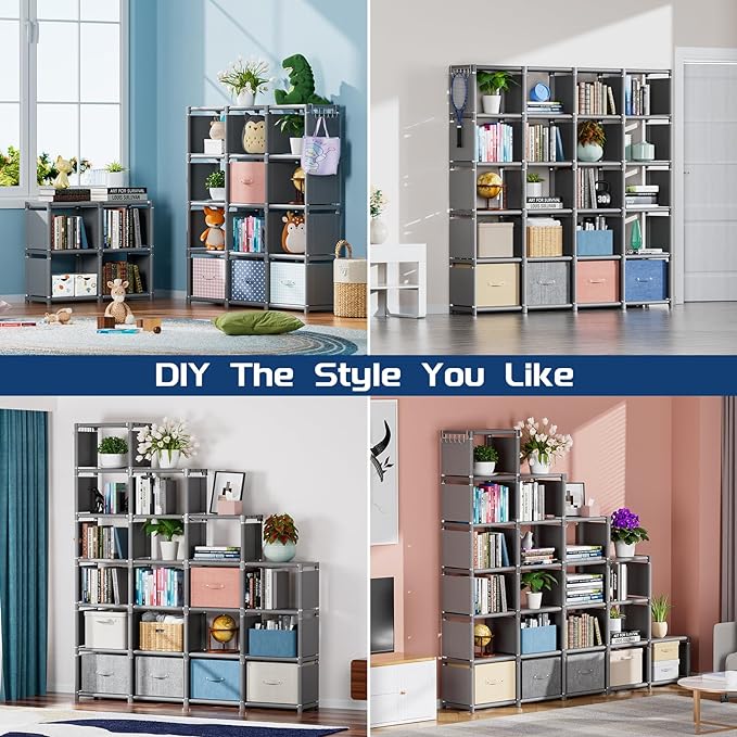 Mavivegue Book Shelf, 20 Cube Storage Organizer, DIY Bookcase, Metal Cube Bookshelf,Tall Book case for Bedroom, Living Room,Office,Closet Storage Organizer, Grey Cubicle Storage Rack - LeafyLoom