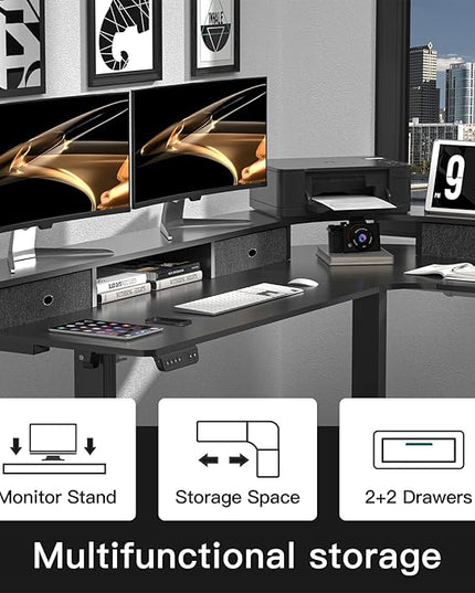 L Shape Standing Desk, 67 * 48 Inches Adjustable Height Standing Desk with 4 Drawers, Corner Electric Standing Desk with Monitor Stand for Home Office, Classic Black - LeafyLoom