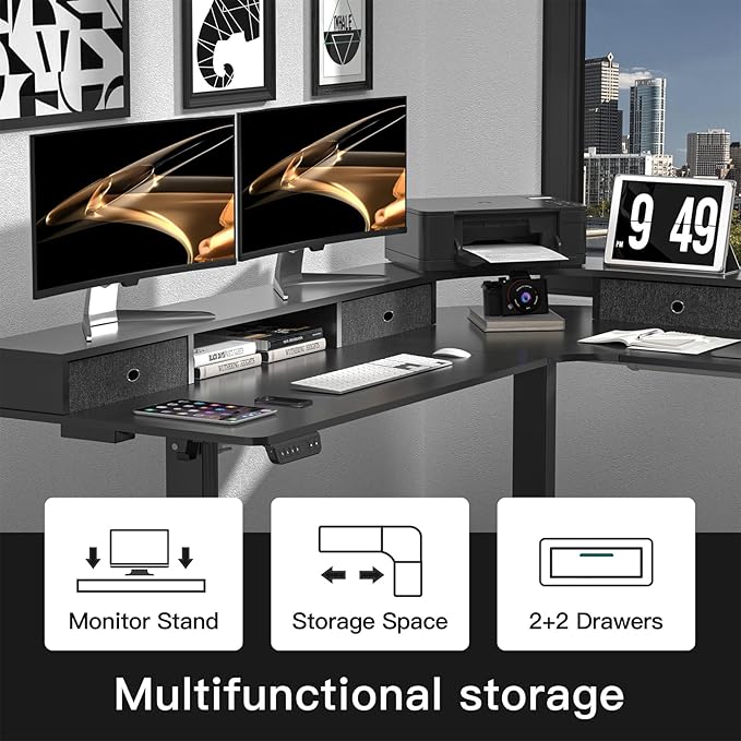 L Shape Standing Desk, 67 * 48 Inches Adjustable Height Standing Desk with 4 Drawers, Corner Electric Standing Desk with Monitor Stand for Home Office, Classic Black - LeafyLoom