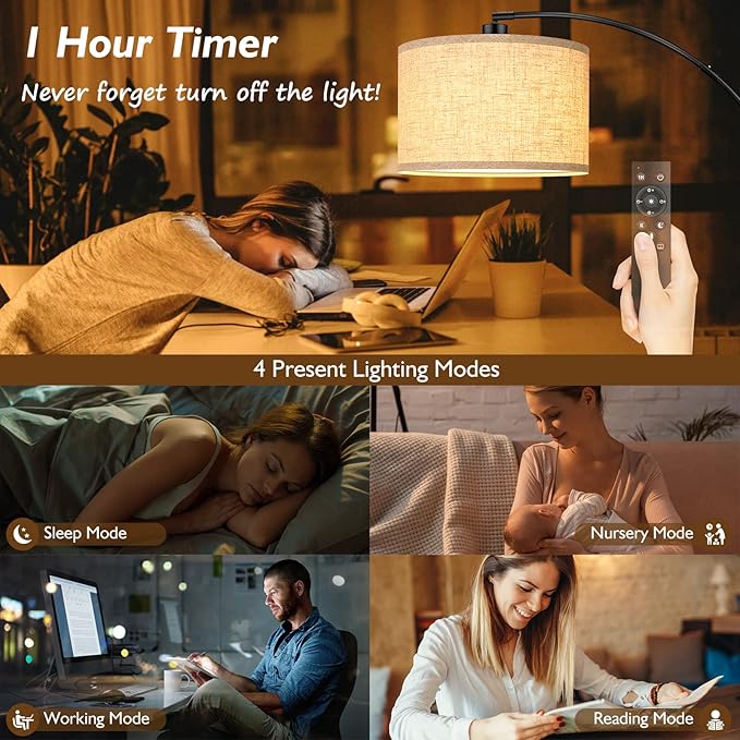 Arc Floor Lamps for Living Room, Modern Remote Control Standing Lamp with Stepless Dimmable, Black Tall Floor Lamp,Over Couch Arched Reading Light for Bedroom, Office(Bulb Included) - LeafyLoom