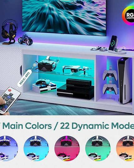 Bestier LED TV Stand with Power Outlets for 55/60/65 Inch TV, Gaming Entertainment Center with Cabinet for PS5, Modern TV Cabinet with Adjustable Glass Shelves for Bedroom 58 Inch Carbon Fiber White - LeafyLoom