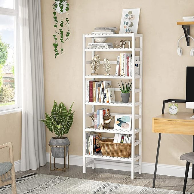 Homykic Bookshelf, 6-Tier Bamboo Adjustable 63.4” Tall Bookcase Book Shelf Organizer Free Standing Storage Shelving Unit for Living Room, Kitchen, Bedroom, Bathroom, Office, Rust Resistance, White - LeafyLoom