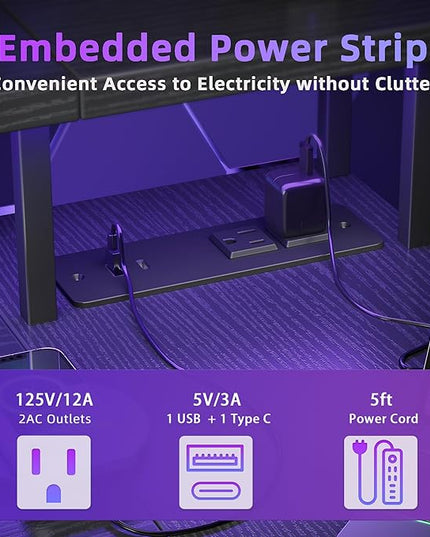 L Shaped Gaming Desk with Power Outlets, 47 Inch Computer Desk with LED Lights and Reversible Shelves, Corner Desk Work Desk for Home Office Bedroom, Black - LeafyLoom