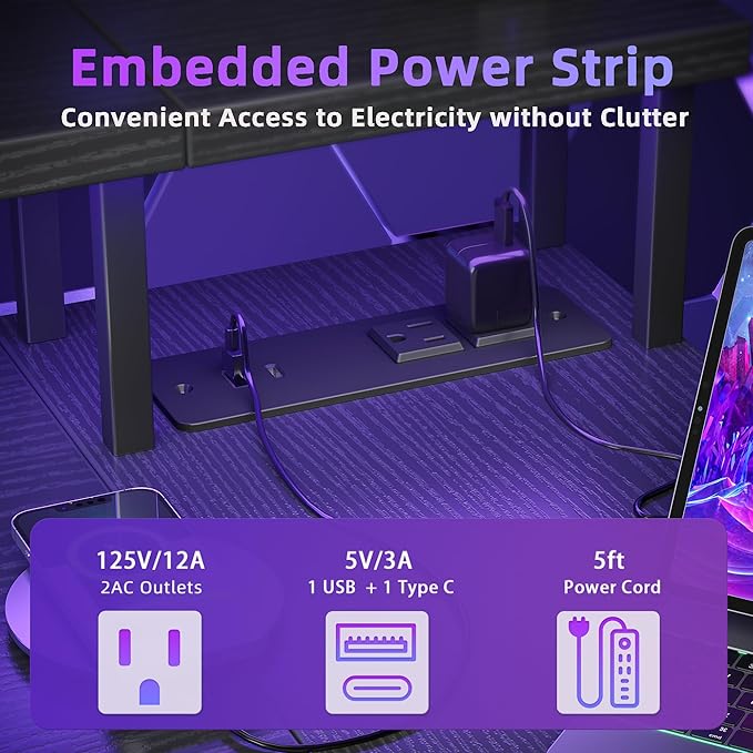 L Shaped Gaming Desk with Power Outlets, 47 Inch Computer Desk with LED Lights and Reversible Shelves, Corner Desk Work Desk for Home Office Bedroom, Black - LeafyLoom