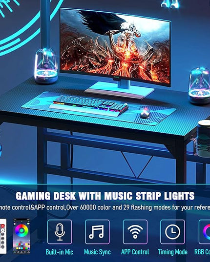 Gaming Desk with Power Outlets & LED Strip Lights,80CM Industrial Writing Desk with Adjustable Monitor Stand, Cupholder and Headphone Hook for Home Office Black - LeafyLoom
