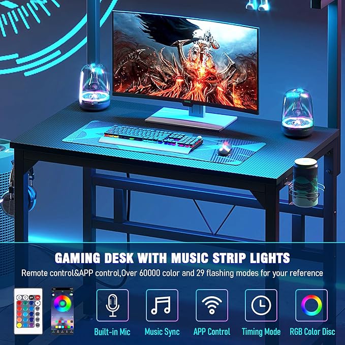 Gaming Desk with Power Outlets & LED Strip Lights,80CM Industrial Writing Desk with Adjustable Monitor Stand, Cupholder and Headphone Hook for Home Office Black - LeafyLoom