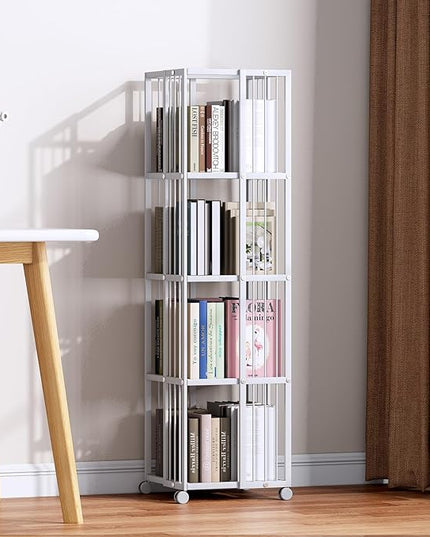 Rotating Bookcase White 4 Tiers Metal Bookshelf Large Capacity for Small Space with Storage and Creative Multi-Layer Shelves,Magazine&Books for Bedroom Living Room Study and Office - LeafyLoom